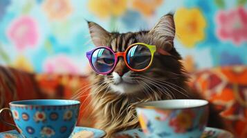 A cat wearing sunglasses sits in front of two cups photo