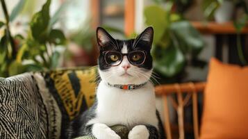 A cat wearing glasses sitting on a couch photo