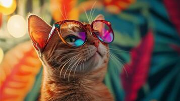 A cat wearing sunglasses in front of colorful plants photo