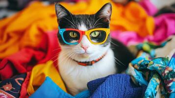 A cat wearing sunglasses and sitting on a pile of clothes photo