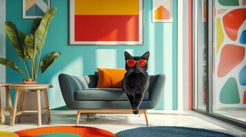 A cat sitting on a chair in a colorful room photo