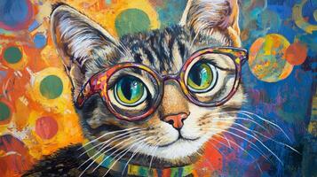 A painting of a cat wearing glasses photo