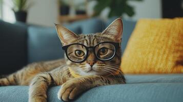 A cat wearing glasses on a couch photo