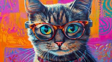A painting of a cat wearing glasses photo