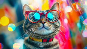 A cat wearing glasses and looking up at the camera photo