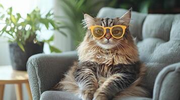 A cat wearing sunglasses sitting on a couch photo
