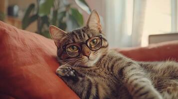 A cat wearing glasses laying on a couch photo