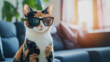 A calico cat wearing sunglasses on a couch photo