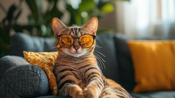 A cat wearing sunglasses on a couch photo