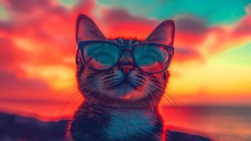 A cat wearing glasses and looking at the camera photo