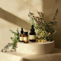 Three bottles of essential oils sit on a stone pedestal photo