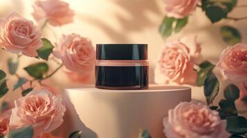 A black and white jar of cream sits on a pedestal surrounded by pink roses photo