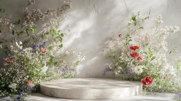 A flower arrangement on a white pedestal photo