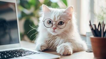 A white cat wearing glasses sitting in front of a laptop photo