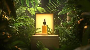 A bottle of perfume sits on a box surrounded by plants photo