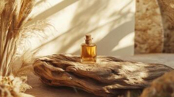 A bottle of perfume sitting on a log in the sun photo