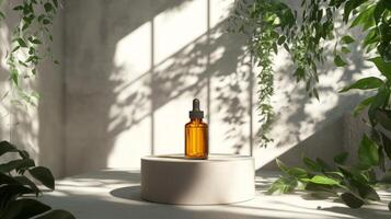 A bottle of essential oil sits on a pedestal surrounded by plants photo