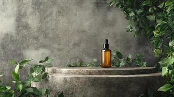 A bottle of essential oil sits on a concrete pedestal surrounded by plants photo