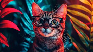 A cat wearing glasses in front of colorful plants photo