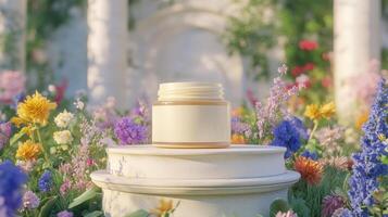 A jar of cream on a pedestal surrounded by flowers photo