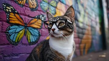 A cat wearing glasses and standing in front of a colorful wall photo