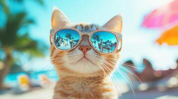 A cat wearing sunglasses on the beach photo