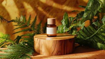 A bottle of essential oil sits on a wooden stand surrounded by ferns photo