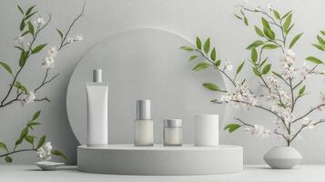 A white table with a mirror, a bottle of perfume and a branch of cherry blossom photo