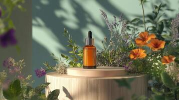 A bottle of essential oil sits on top of a wooden stand surrounded by flowers photo