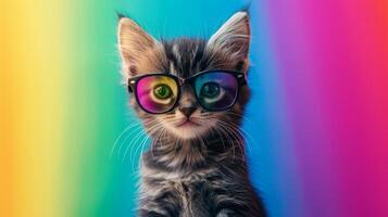 A cat wearing sunglasses on a rainbow background photo