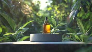 A bottle of essential oil sitting on a stone pedestal in the middle of a green forest photo