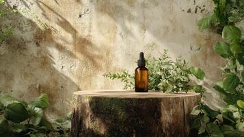 A bottle of essential oil sits on a stump photo