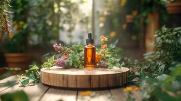 Essential oil bottle on wooden table with flowers and plants photo