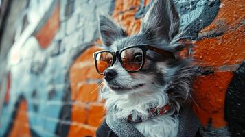 A dog wearing sunglasses and a jacket against a wall photo