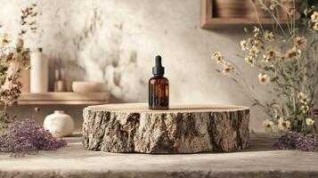A bottle of essential oil sits on a wooden stump photo