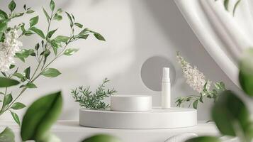A white table with a mirror, a bottle and some plants photo