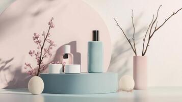 A table with various cosmetic products and flowers photo