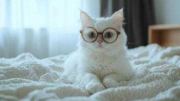 A white cat wearing glasses on a bed photo