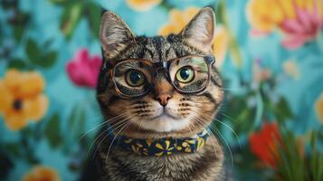 A cat wearing glasses and a floral print background photo