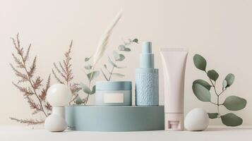 A blue container with various cosmetic products photo