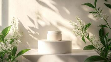 A white jar of cream on a table with some flowers photo
