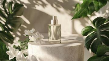 A bottle of perfume sitting on a pedestal surrounded by tropical plants photo