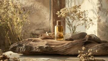 A bottle of perfume sitting on a wooden log photo