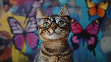 A cat wearing glasses in front of a colorful wall photo