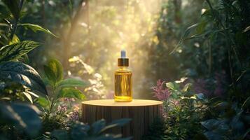 A bottle of essential oil is sitting on a stump in the middle of a forest photo