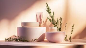 Three different types of cosmetic products are sitting on a table photo