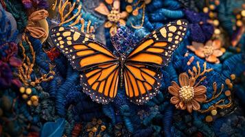 A monarch butterfly on a blue background photo