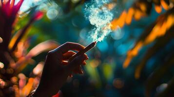 A person holding a cigarette in front of a tropical plant photo