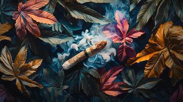 A cigar is sitting on top of leaves photo