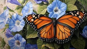 A painting of a monarch butterfly on blue flowers photo